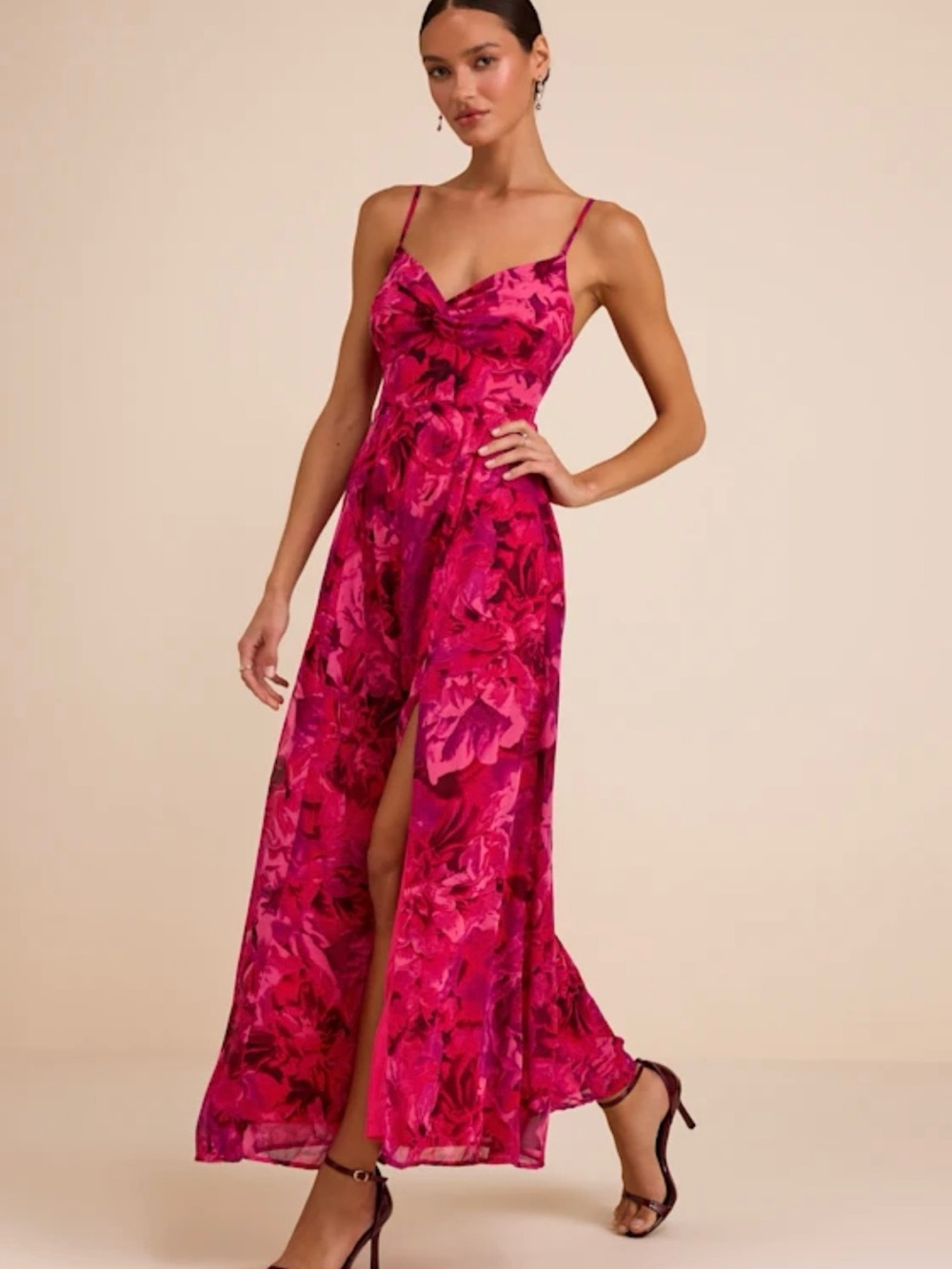 Lulu's Fuchsia Floral Slip Maxi Dress with Side Slit